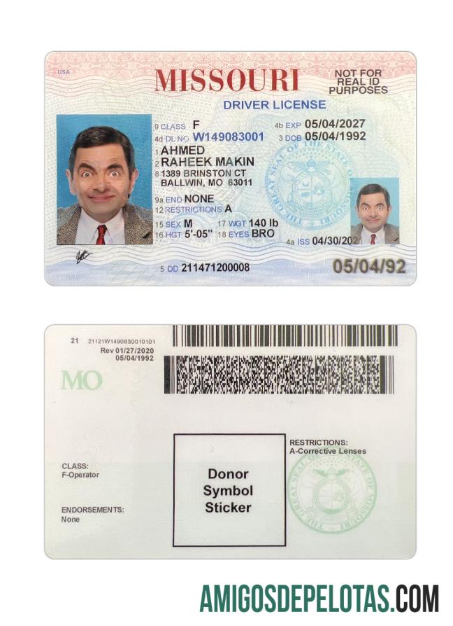 Carteira de motorista dos EUA Missouri 2021 presente baixar para verificação